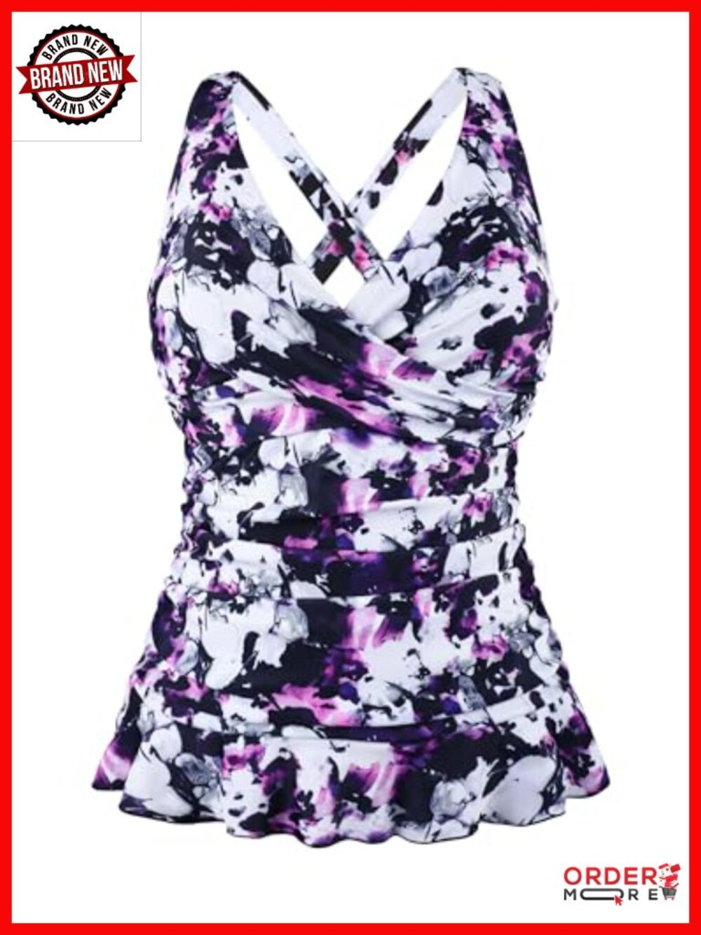 Women's Underwire Tankini Top Tummy Control V Neck Ruffle Hem Swim Top